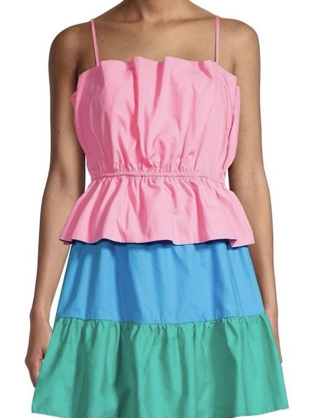 Milly Pink, Blue & Green Tiered Spaghetti-Strap Dress